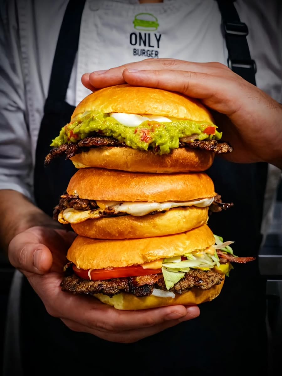 Torre de tres hamburguesas artesanales de Only Burger sostenida en las manos